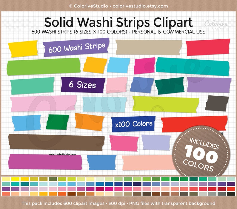 600 Washi Strips Clipart 100 rainbow colors solid washi tape megapack scrapbooking planner clipart planner stickers supplies