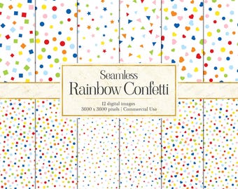 May include: A collection of 12 digital seamless patterns featuring rainbow confetti designs on a white background. The patterns include various shapes like squares, circles, stars, triangles, hearts, and hexagons. Text reads Seamless Rainbow Confetti.