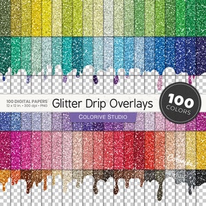 Glitter Drip Overlays digital paper 100 rainbow colors dripping glitter textures bright pastel printable scrapbook papers commercial use