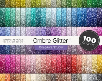 Ombre Glitter papier numérique 100 couleurs arc-en-ciel ombre dégradé paillettes textures pastel lumineux papiers scrapbook imprimables utilisation commerciale