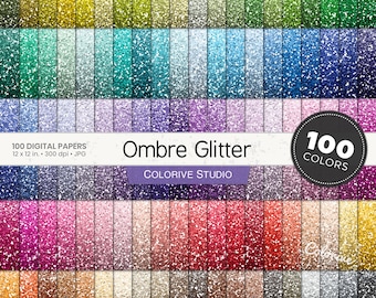 Ombre Glitter digital paper 100 rainbow colors ombre gradient glitter textures bright pastel printable scrapbook papers commercial use