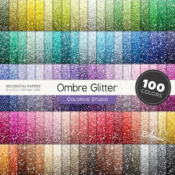 Ombre Glitter papier numérique 100 couleurs arc-en-ciel ombre dégradé paillettes textures pastel lumineux papiers scrapbook imprimables utilisation commerciale