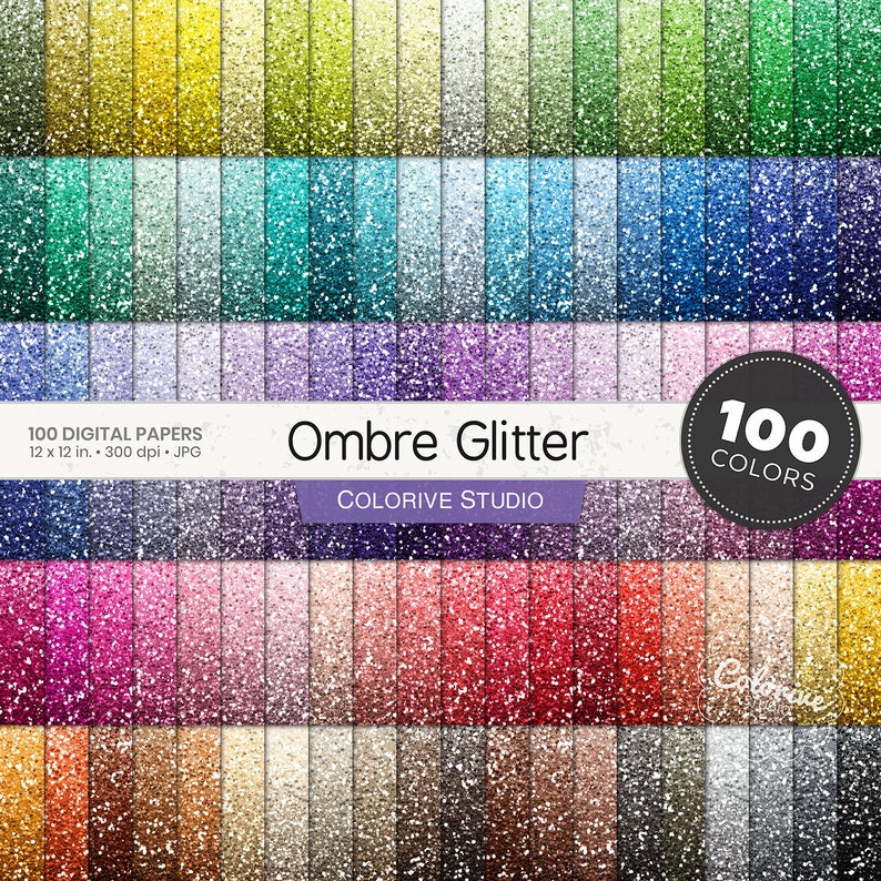 Ombre Glitter digital paper 100 rainbow colors ombre gradient glitter textures bright pastel printable scrapbook papers commercial use image 1