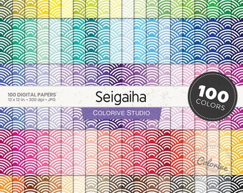 100 Seigaiha Digital Papers, Rainbow Pastel Bright Scales Pattern, Scrapbooking Background
