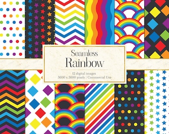 Rainbow Digital Papers, Seamless Patterns Black and White Background, Printable Scrapbooking Pages