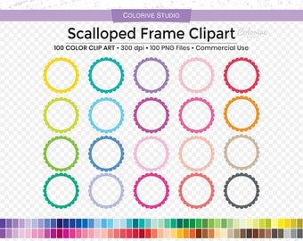 100 Scalloped Circle Frame Clipart: Rainbow Border Planner Stickers, Pretty Craft PNG Graphics