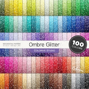 May include: A collection of 100 digital papers featuring ombre glitter textures in a wide spectrum of colors. The image includes text stating 100 DIGITAL PAPERS, 12 x 12 in. 300 dpi JPG, Ombre Glitter, COLORIVE STUDIO, and 100 COLORS in a circle.