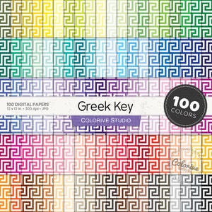 Papel digital Greek Key 100 colores del arco iris patrón geométrico étnico fondo pastel brillante papeles de álbum de recortes imprimibles