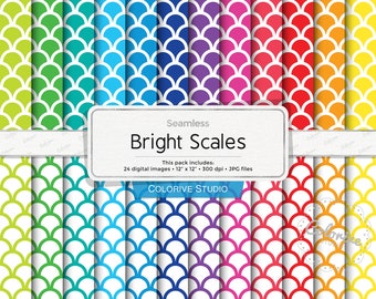 Bright Scales digital paper, white and colored mermaid scales pattern bright rainbow color background scrapbook papers (Instant Download)