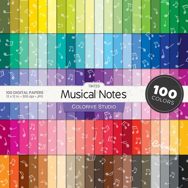 Tinted Musical Notes digital paper 100 rainbow colors fun music pattern bright pastel background printable scrapbook papers