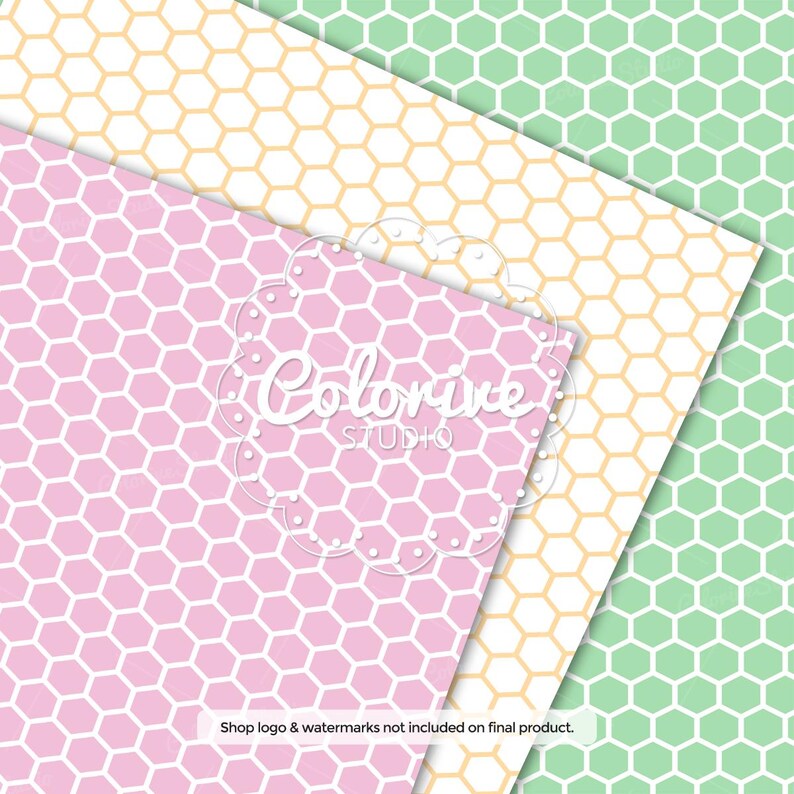Pastel Digital Paper, White and Colored Hexagon Pattern in
