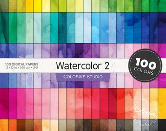Watercolor digital paper 100 rainbow colors water colour background textures bright pastel printable scrapbook papers commercial use