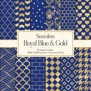 Puede incluir: Una colecci&oacute;n de diecis&eacute;is patrones digitales con dise&ntilde;os en azul real y dorado, incluyendo chevrones, lunares, corazones, damasco y formas geom&eacute;tricas. El texto central dice Seamless Royal Blue & Gold 16 digital images 3600 x 3600 pixels.