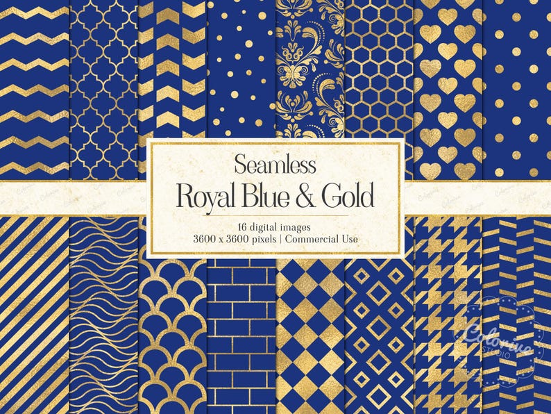 Puede incluir: Una colecci&oacute;n de diecis&eacute;is patrones digitales con dise&ntilde;os en azul real y dorado, incluyendo chevrones, lunares, corazones, damasco y formas geom&eacute;tricas. El texto central dice Seamless Royal Blue & Gold 16 digital images 3600 x 3600 pixels.