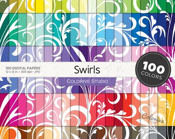 100 Seamless Swirls Digital Papers, Rainbow Pastel Bright Floral Pattern, Printable Scrapbooking Background