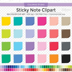 100 Sticky Note clipart en colores arco iris oficina escuela clip recordatorio notas png ilustración planificador pegatinas uso personal y comercial