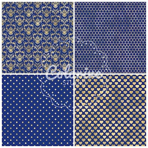 Puede incluir: Una colecci&oacute;n de cuatro patrones de papel digital con un fondo azul profundo y dise&ntilde;os en oro met&aacute;lico. Los patrones incluyen un estampado damasco, una rejilla de panal peque&ntilde;a, un motivo de lunares y corazones con una marca de agua.