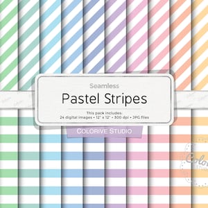 Pastel Stripes digital paper, diagonal and horizontal striped pages soft rainbow colors, scrapbook papers (Instant Download)