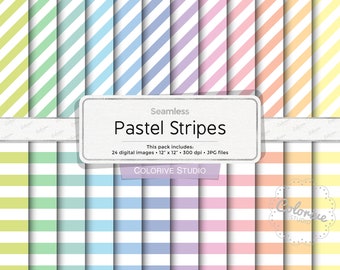 Pastel Stripes digital paper, diagonal and horizontal striped pages soft rainbow colors, scrapbook papers (Instant Download)