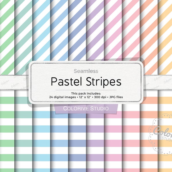 Pastel Stripes digital paper, diagonal and horizontal striped pages soft rainbow colors, scrapbook papers (Instant Download)