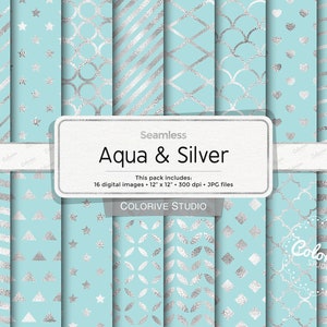 Aqua and Silver digital paper, seamless geometric silver foil patterns on aqua background printable scrapbook papers personal commercial use