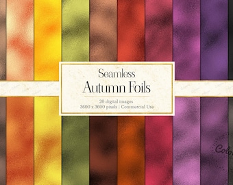 May include: A collection of twenty seamless digital images featuring metallic foil textures in autumn colors including bronze, gold, yellow, olive green, brown, red, magenta, purple, and black. The central white label displays the text Seamless Autumn Foils.
