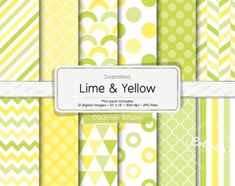 Lime & Yellow digital paper polka dot chevron stripes scales geometric patterns background printable scrapbook papers commercial use