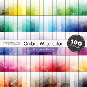 Ombre Watercolor digital paper 100 rainbow colors gradient water colour background textures bright pastel printable scrapbook papers