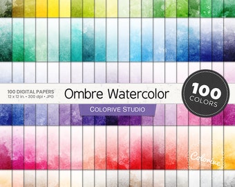 Ombre Watercolor digital paper 100 rainbow colors gradient water colour background textures bright pastel printable scrapbook papers