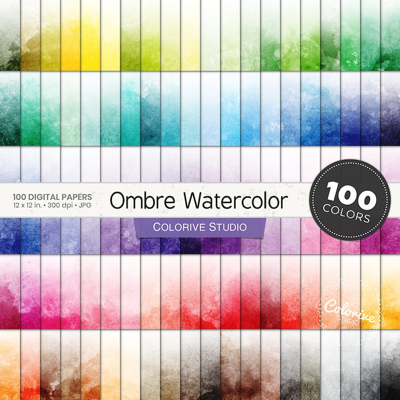 Ombre Watercolor digital paper 100 rainbow colors gradient water colour background textures bright pastel printable scrapbook papers image 1