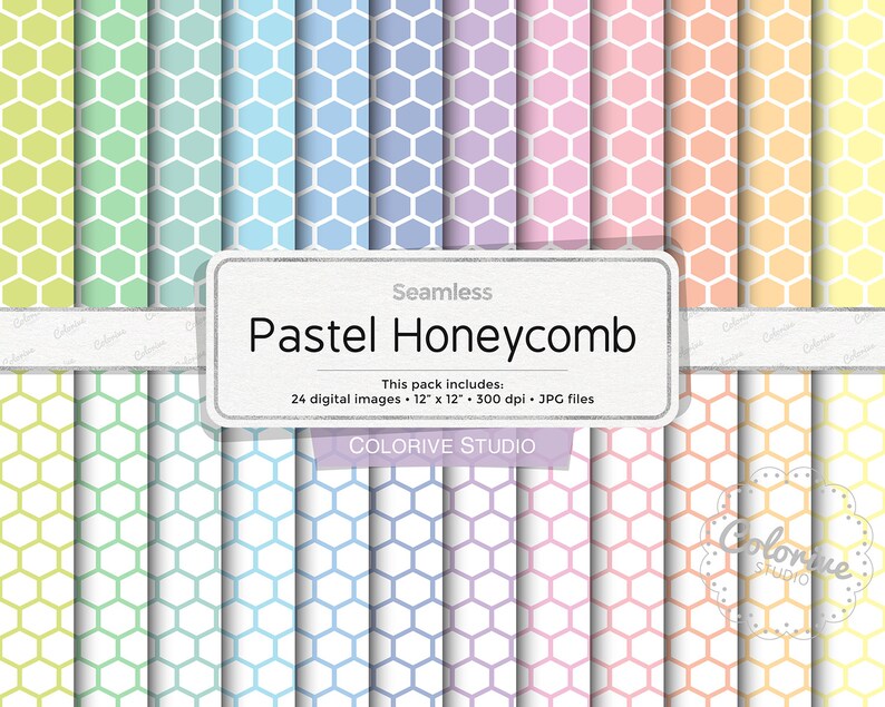 Pastel Digital Paper, White and Colored Hexagon Pattern in