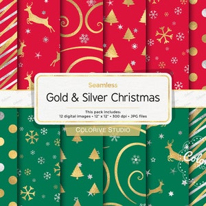 Puede incluir: Una colección de papeles digitales navideños sin costuras en rojo y verde con detalles dorados y plateados. Los diseños incluyen renos, copos de nieve, rayas, espirales y lunares. El texto dice "Gold & Silver Christmas" y "12 imágenes digitales 12" x 12" 300 dpi JPG files."