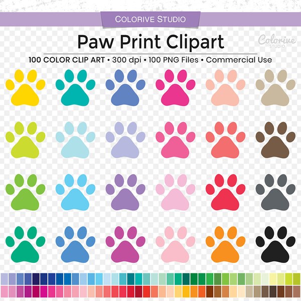 100 Paw Print clipart rainbow colors fun paw prints pet puppy cute print png illustration planner stickers personal and commercial use