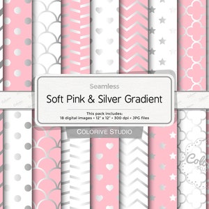 Papier numérique rose pâle et argent, blanc et argent, dégradé argenté rose clair, motif de fond pour scrapbooking, usage personnel et commercial