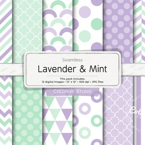 Lavender & Mint digital paper, polka dot chevron stripes scales geometric patterns background printable scrapbook papers commercial use