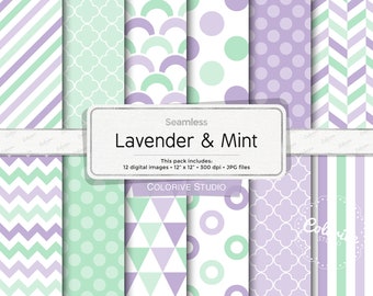 Lavender & Mint digital paper, polka dot chevron stripes scales geometric patterns background printable scrapbook papers commercial use