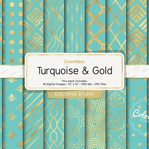 Carta digitale turchese e oro, eleganti motivi in lamina d'oro senza soluzione di continuità su sfondo turchese, carta per scrapbooking stampabile, uso commerciale