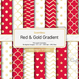 Rood, wit en goud digitaal papier, rood en goud verloop, witte en gouden achtergrondpatronen plakboekpapier commercieel gebruik