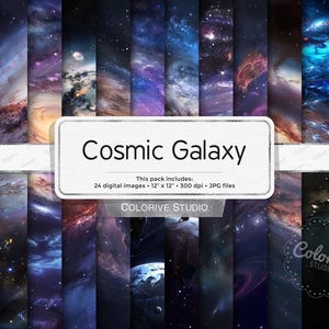 May include: A set of 24 digital images showcasing cosmic galaxies. Each image, measuring 30.48 cm x 30.48 cm, presents swirling nebulae, stars, and planets in blue, purple, and orange hues. The text "Cosmic Galaxy" is displayed on a white rectangular label.