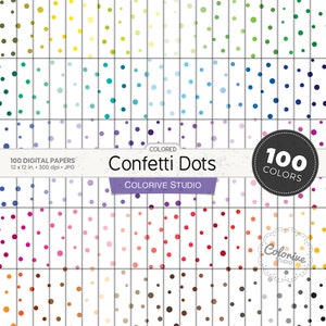 May include: 100 digital papers with confetti dots in various colors. Each paper is 12 inches by 12 inches and 300 dpi. The papers are arranged in rows of 10, with each row featuring a different color of dots.