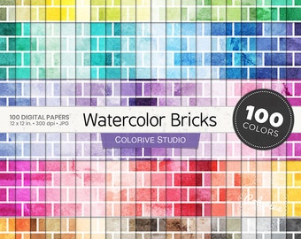 Papel digital de ladrillos de acuarela, 100 colores del arcoíris, texturas de fondo de pared de ladrillos de color agua, papeles de álbum de recortes imprimibles en colores pastel brillantes