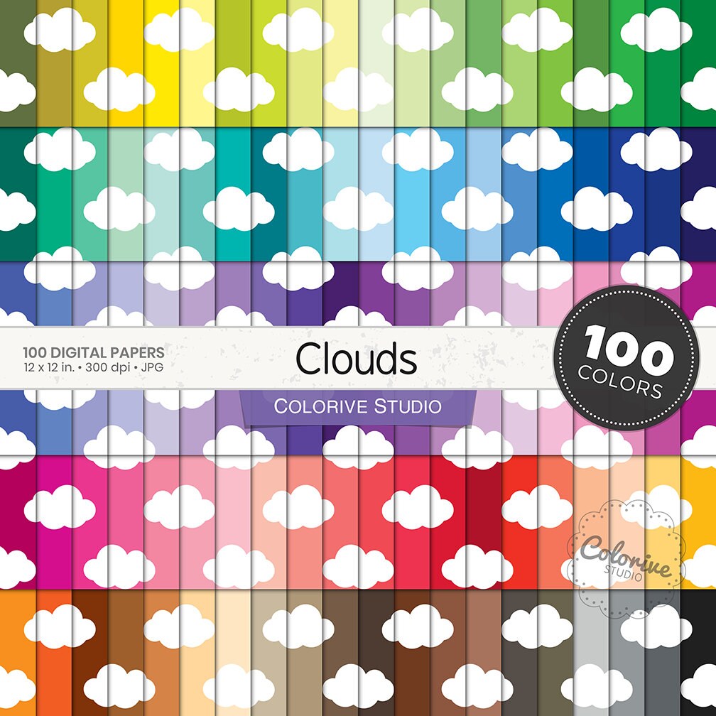 Clouds Digital Paper 100 Rainbow Colors Simple White Clouds Pattern ...