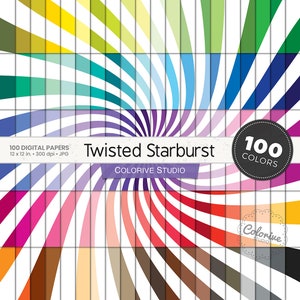 May include: A digital paper collection titled Twisted Starburst by Colorive Studio featuring 100 colors. The design displays a vibrant, multi-colored radial sunburst pattern with swirling lines radiating from the center in a full spectrum.