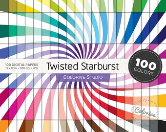 May include: 100 digital papers with a twisted starburst design in a variety of colors. Each paper is 12 inches by 12 inches and 300 dpi. The papers are in a JPG format.
