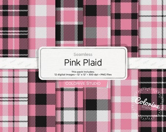 Pink Plaid digital paper, tartan, pink buffalo plaid, check checkered lumberjack, gingham plaid pattern, scrapbook papers (Instant Download)