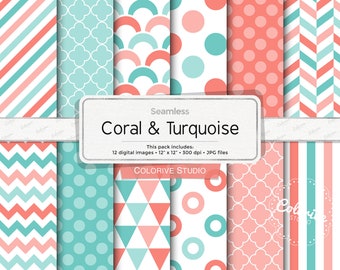 Coral & Turquoise digital papers, polka dot chevron stripes scales geometric background patterns scrapbook papers commercial use