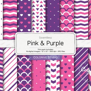 Rosa Lila digitales Papier mit Tupfen Chevron Streifen Skalen Herzen geometrische Muster Scrapbookpapiere persönlichen und kommerziellen Gebrauch