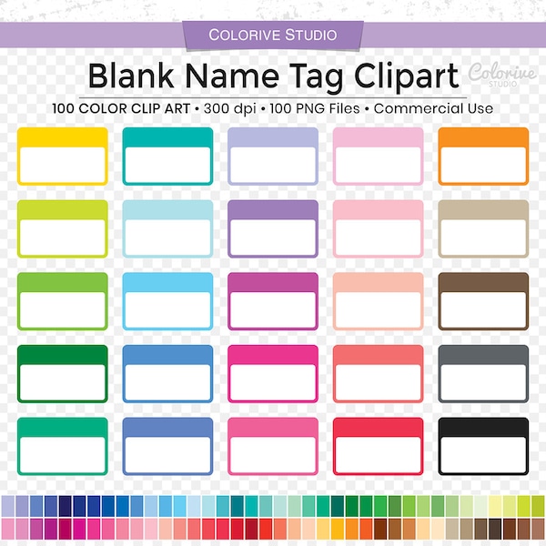 100 Name Tag clipart in rainbow colors blank name tag badge png clip art planner stickers personal and commercial use