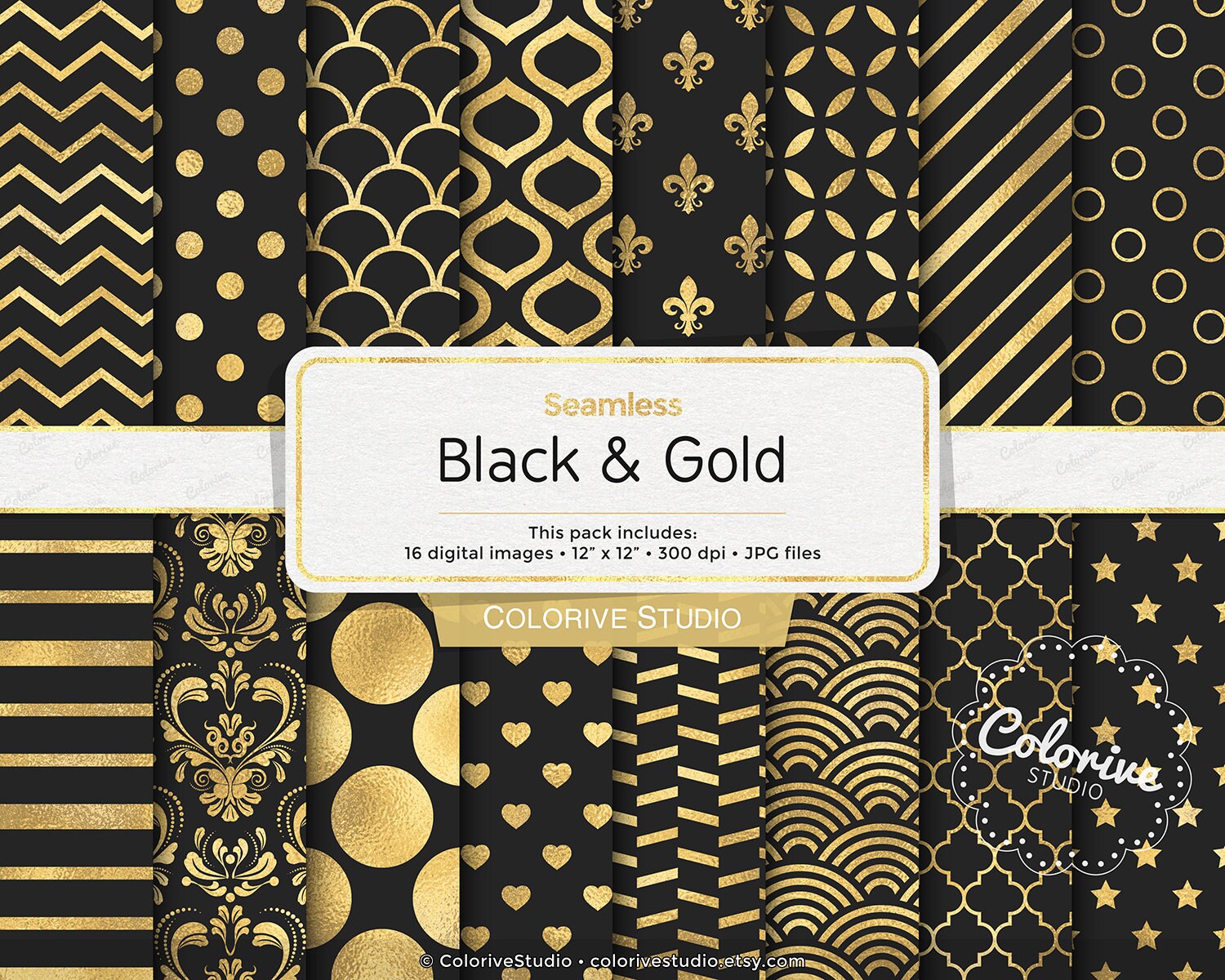 Black and Gold digital paper seamless elegant gold foil | Etsy
