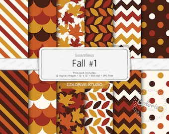 Fall digital paper, maple leaves leaf stripes chevron geometric patterns in autumn colors, background scrapbook papers commercial use